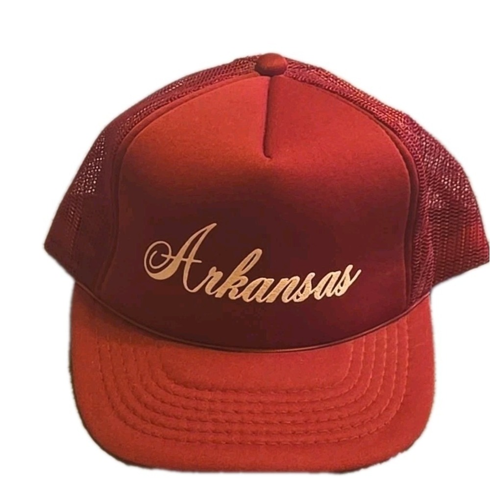 Vtg Arkansas Trucker Hat Mesh Back Red White Script Snapback State Retro Cap New
